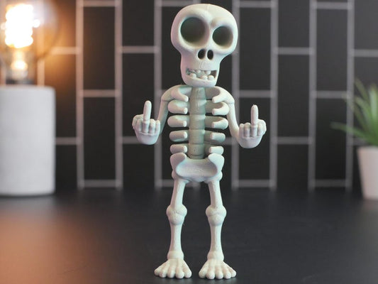 Esqueleto articulado con dedo medio: regalo perfecto para una decoración divertida y única.
